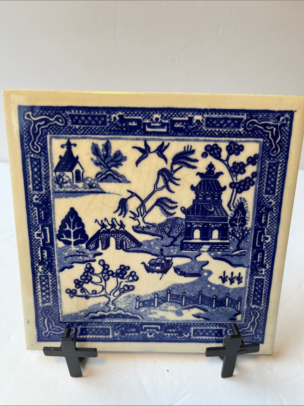 Rare Soriano Ceramics Blue Willow Porcelain Tile Trivet Vintage 6"x 6" vivid - Picture 4 of 5